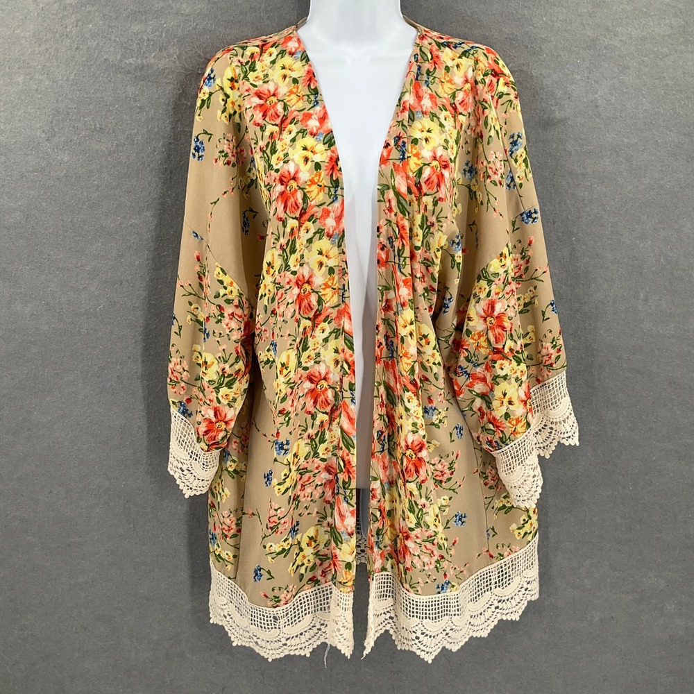 Umgee‎ Kimono Women's Sz L Beige Floral Print Crochet Trim Cardigan Bohemian